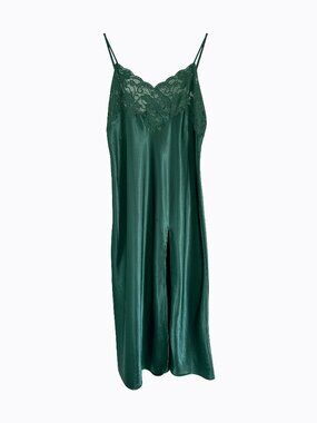 Vtg Victoria’s Secret Maxi Slip Dress M/L Chemise Emerald Lace Bodice Slit 90s